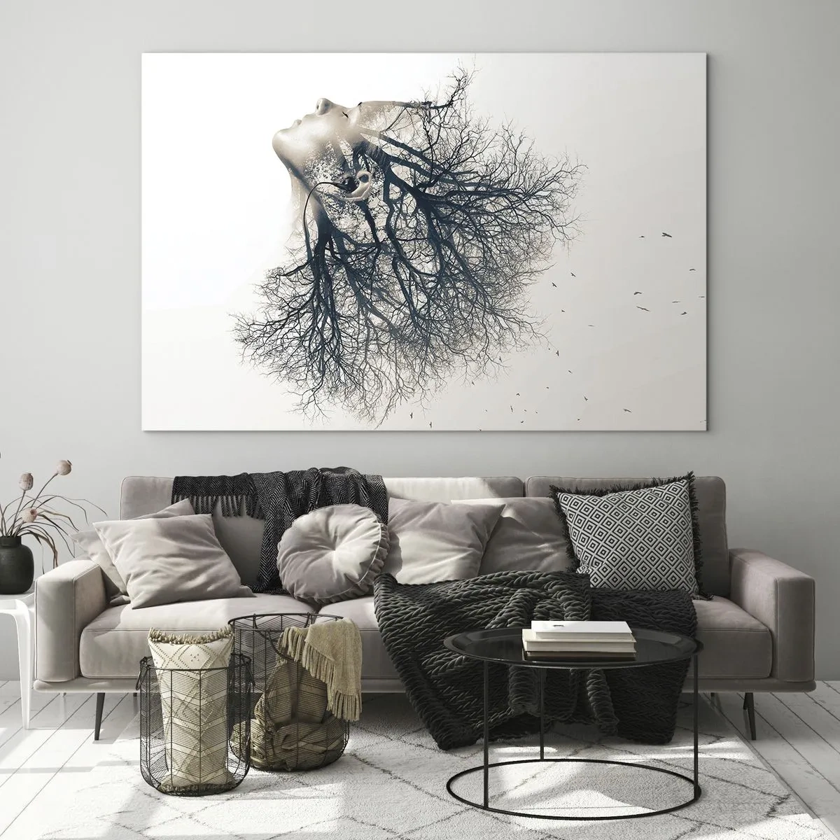 Tablou pe sticlă - Silueta unei femei cu crengi pe post de păr - 70x50cm - Ascultând șoapta copacului - Decorațiune modernă pentru perete pentru living și dormitor ARTTOR