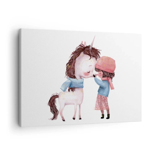 Tablou pe pânză Canvas - O fată și un unicorn într-un peisaj de iarnă - 70x50cm - O poveste de iarnă - Decorațiune modernă pentru perete pentru living și dormitor ARTTOR