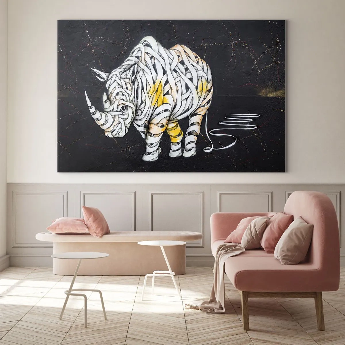 Tablou pe sticlă - Desen abstract al unui rinocer sub formă de dungi - 70x50cm - Rinocer cu piele delicată - Decorațiune modernă pentru perete pentru living și dormitor ARTTOR