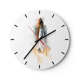 Ceas de perete - Ceas pe sticlă - Lansare de rachetă în stil acuarelă pe fundal alb - 30x30cm - Exploratorii la start - Decorațiune modernă pentru perete pentru living, bucătărie și dormitor ARTTOR