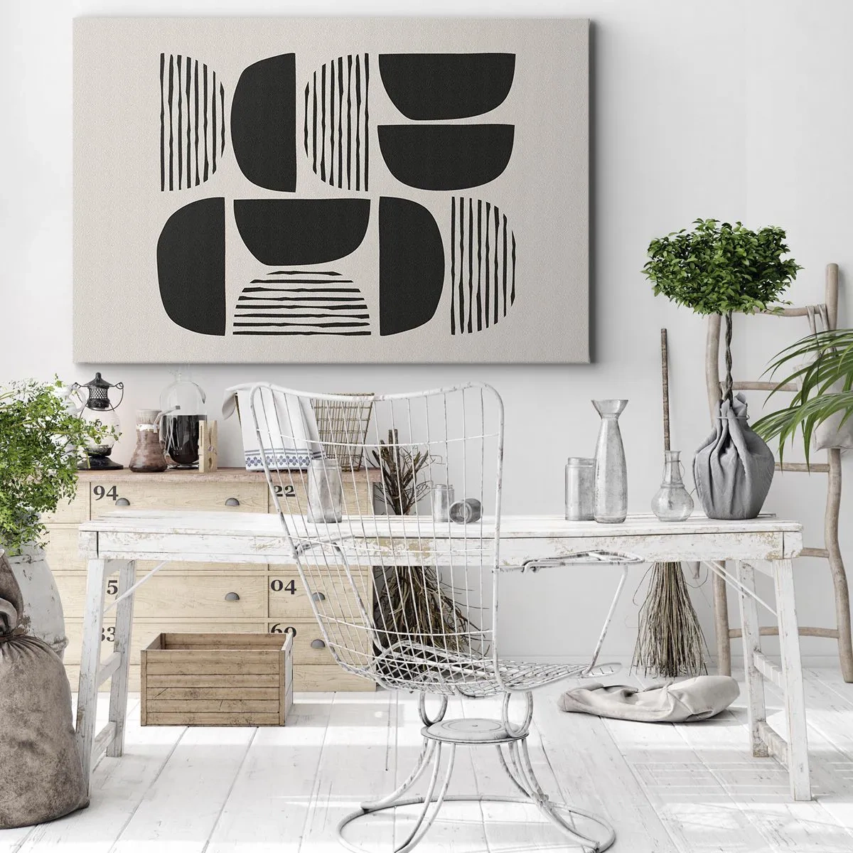 Tablou pe pânză Canvas - Geometrie cu semicercuri și linii negre pe fundal deschis - 70x50cm - Jumătăți necomplete - Decorațiune modernă pentru perete pentru living și dormitor ARTTOR