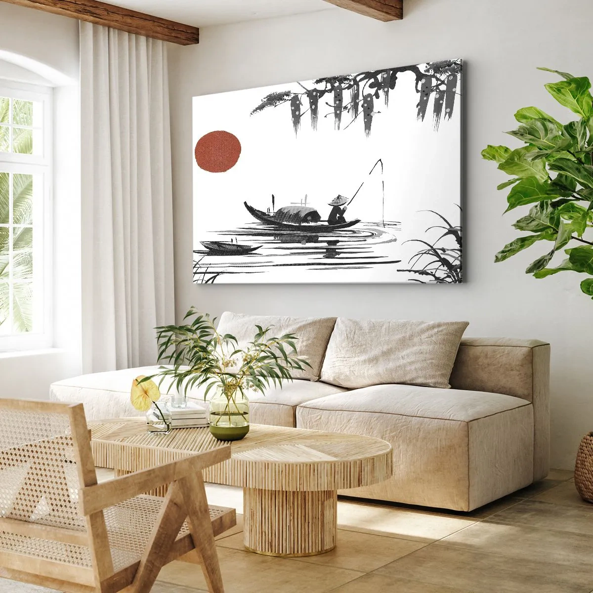 Tablou pe pânză Canvas - Peisaj oriental cu un pescar pe o barcă și un soare roșu - 70x50cm - O după-amiază asiatică - Decorațiune modernă pentru perete pentru living și dormitor ARTTOR