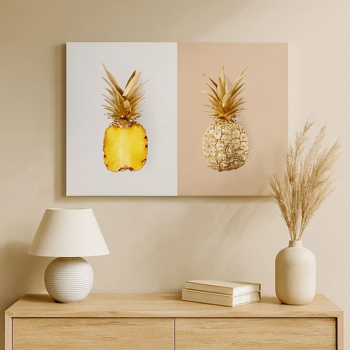 Tablou pe pânză Canvas - Jumătate de ananas proaspăt, auriu, pe un fundal contrastant - 70x50cm - Ananas de împărțit - Decorațiune modernă pentru perete pentru living și dormitor ARTTOR