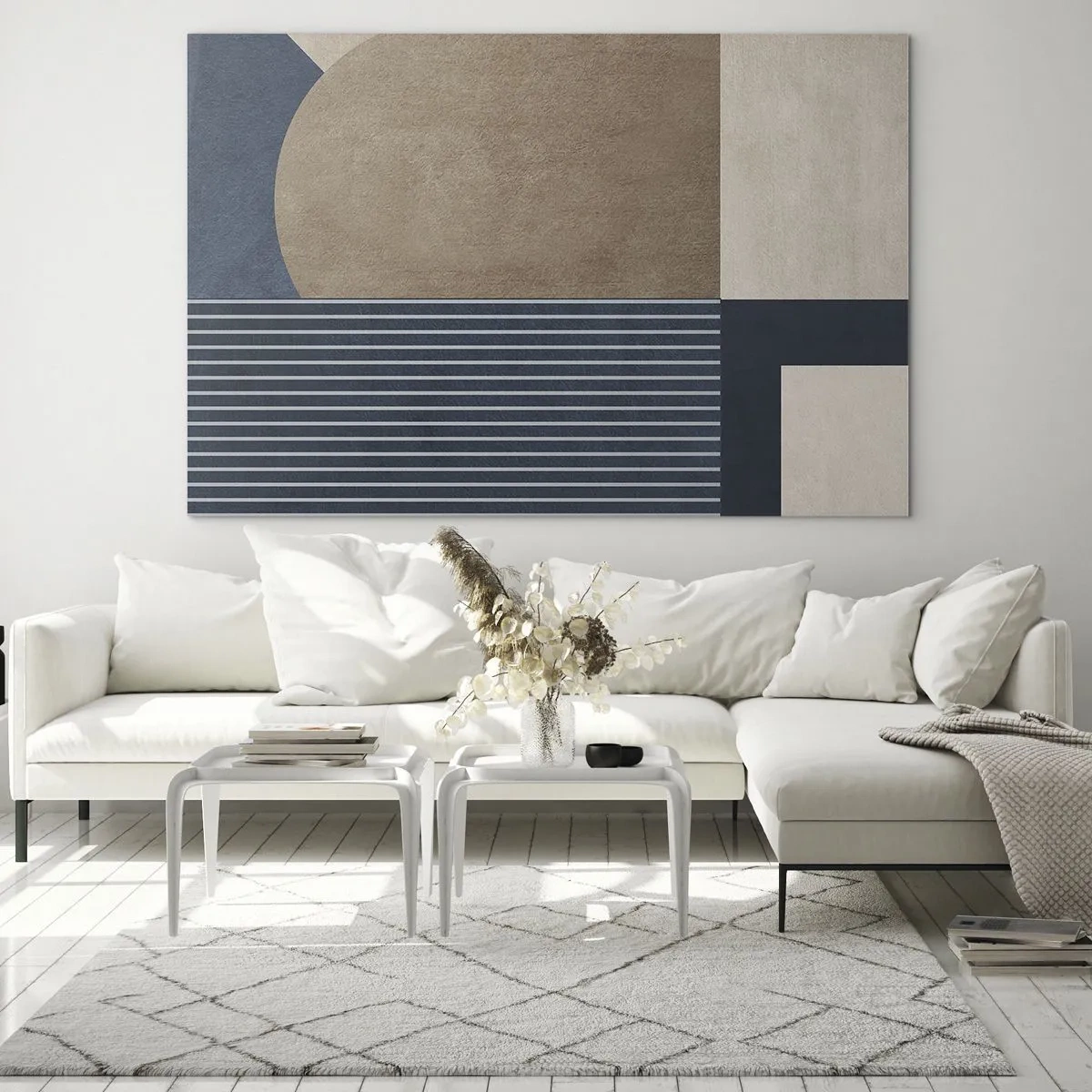 Tablou pe sticlă - O formă minimalistă cu un cerc și linii bej - 70x50cm - Compoziție de simplitate și rotunjime - Decorațiune modernă pentru perete pentru living și dormitor ARTTOR