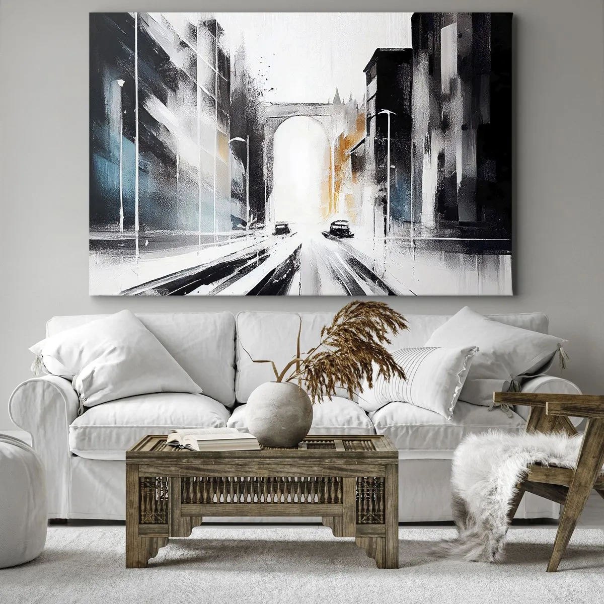 Tablou pe pânză Canvas - Panoramă abstractă a orașului cu un pod arcuit - 70x50cm - Studiu de oraș: arhitectură și mișcare - Decorațiune modernă pentru perete pentru living și dormitor ARTTOR
