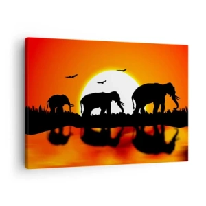 Tablou pe pânză Canvas - Siluete de elefanți la apus peste apă cu reflecție - 70x50cm - Și seara pentru un pahar - Decorațiune modernă pentru perete pentru living și dormitor ARTTOR