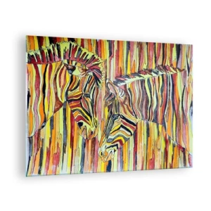 Tablou pe sticlă - Zebre colorate într-un stil artistic de acuarelă - 70x50cm - Deci și tu.. - Decorațiune modernă pentru perete pentru living și dormitor ARTTOR