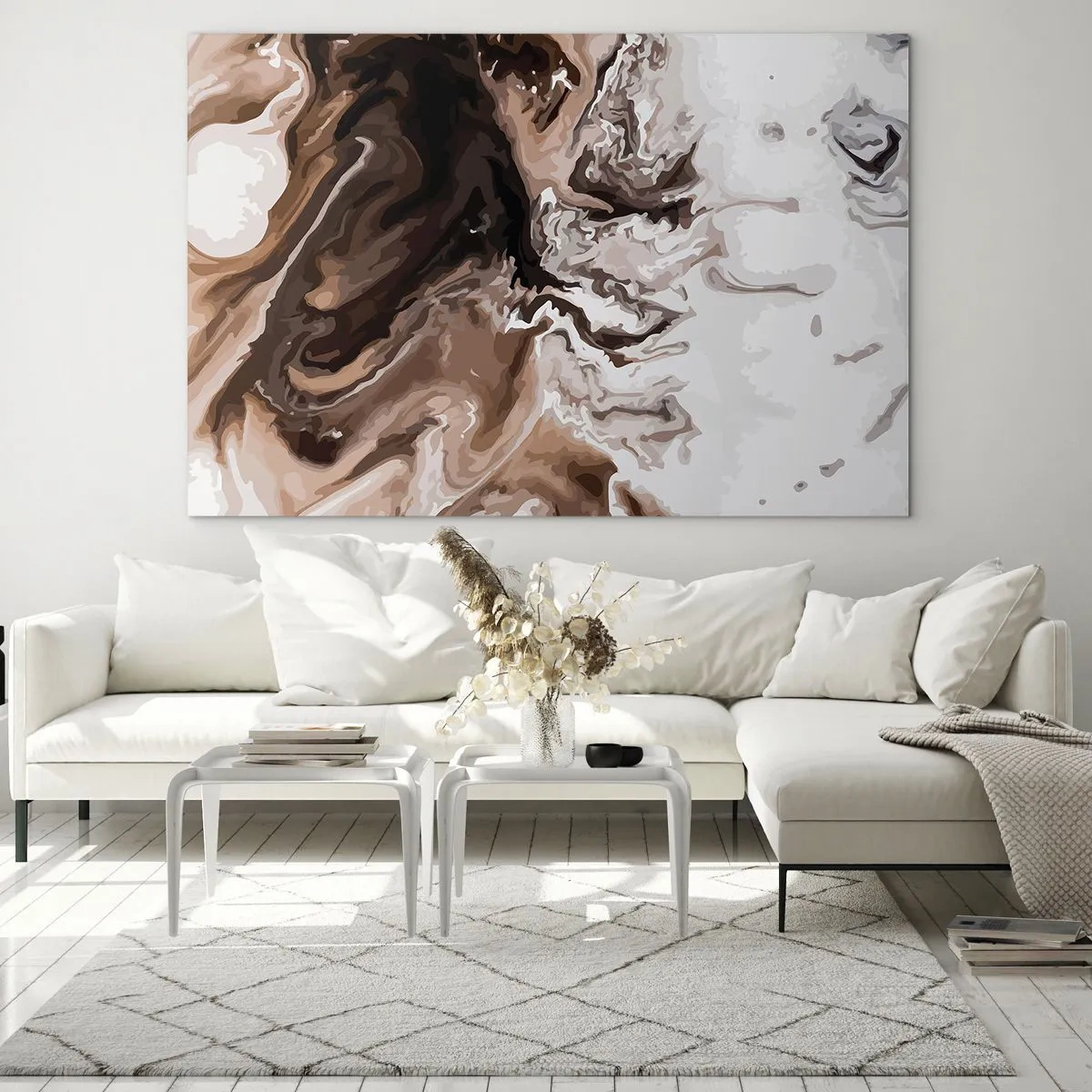 Tablou pe sticlă - Model abstract în nuanțe închise de maro și alb - 70x50cm - Cadrilul culorilor - Decorațiune modernă pentru perete pentru living și dormitor ARTTOR