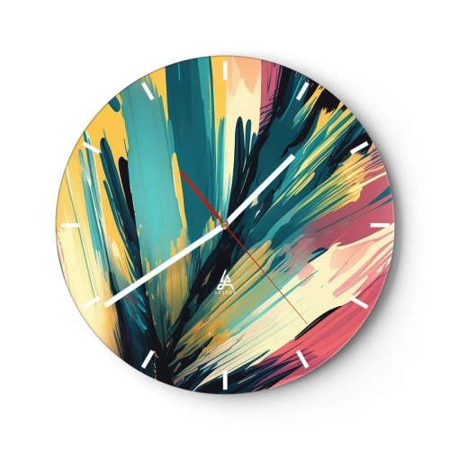 Ceas de perete - Ceas pe sticlă - O explozie de culori în stilul unor tușe expresive. - 30x30cm - Compoziția - o explozie de bucurie - Decorațiune modernă pentru perete pentru living, bucătărie și dormitor ARTTOR