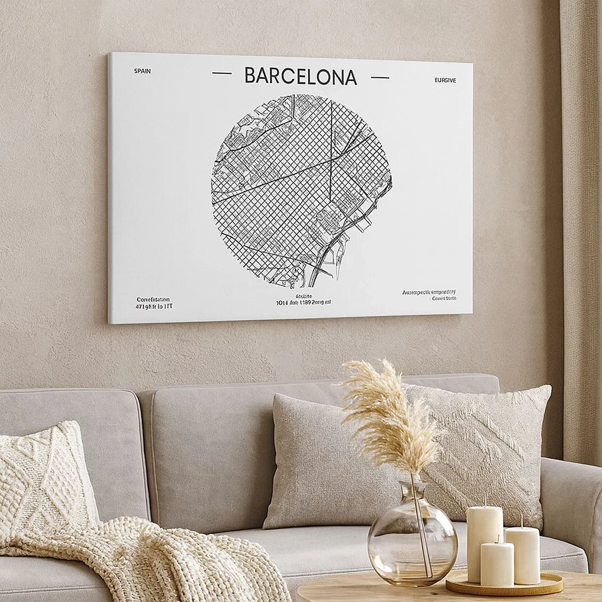 Tablou pe pânză Canvas - O hartă a Barcelonei într-un stil minimalist alb-negru - 70x50cm - Anatomia Barcelonei - Decorațiune modernă pentru perete pentru living și dormitor ARTTOR