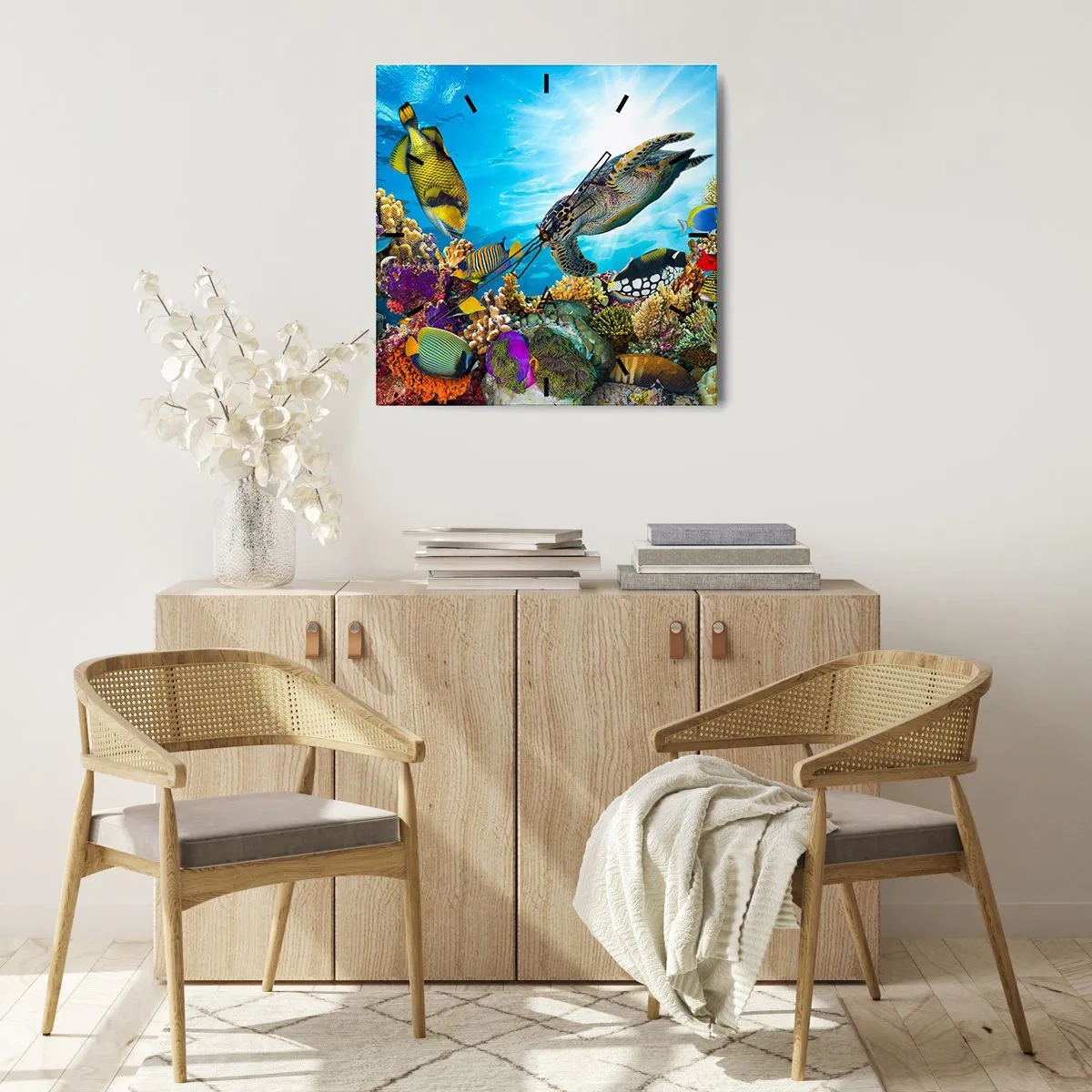 Ceas de perete - Ceas pe sticlă - Promenada de corali - 40x40 cm