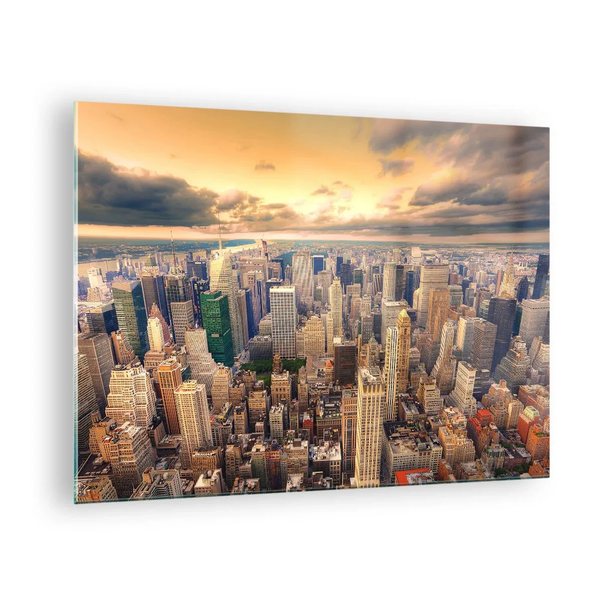 Tablou pe sticlă - Panoramă a orașului cu zgârie-nori la apus - 70x50cm - O metropolă aurită - Decorațiune modernă pentru perete pentru living și dormitor ARTTOR
