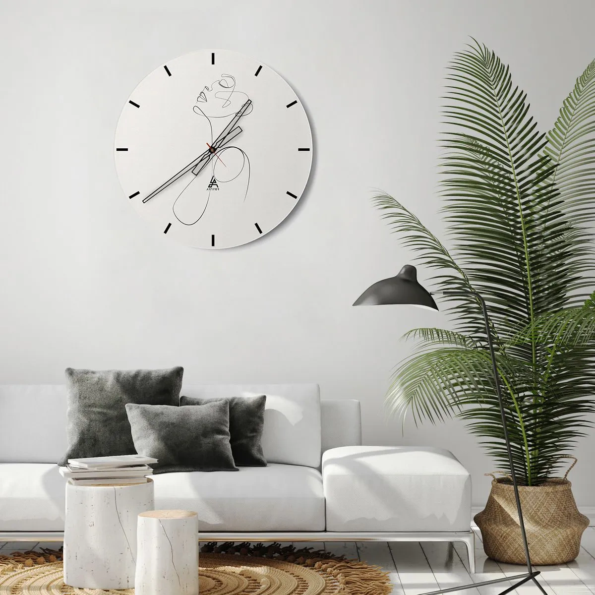 Ceas de perete - Ceas pe sticlă - Un profil feminin realizat cu o linie neagră pe un fundal deschis la culoare - 30x30cm - Încâlcită în vise - Decorațiune modernă pentru perete pentru living, bucătărie și dormitor ARTTOR