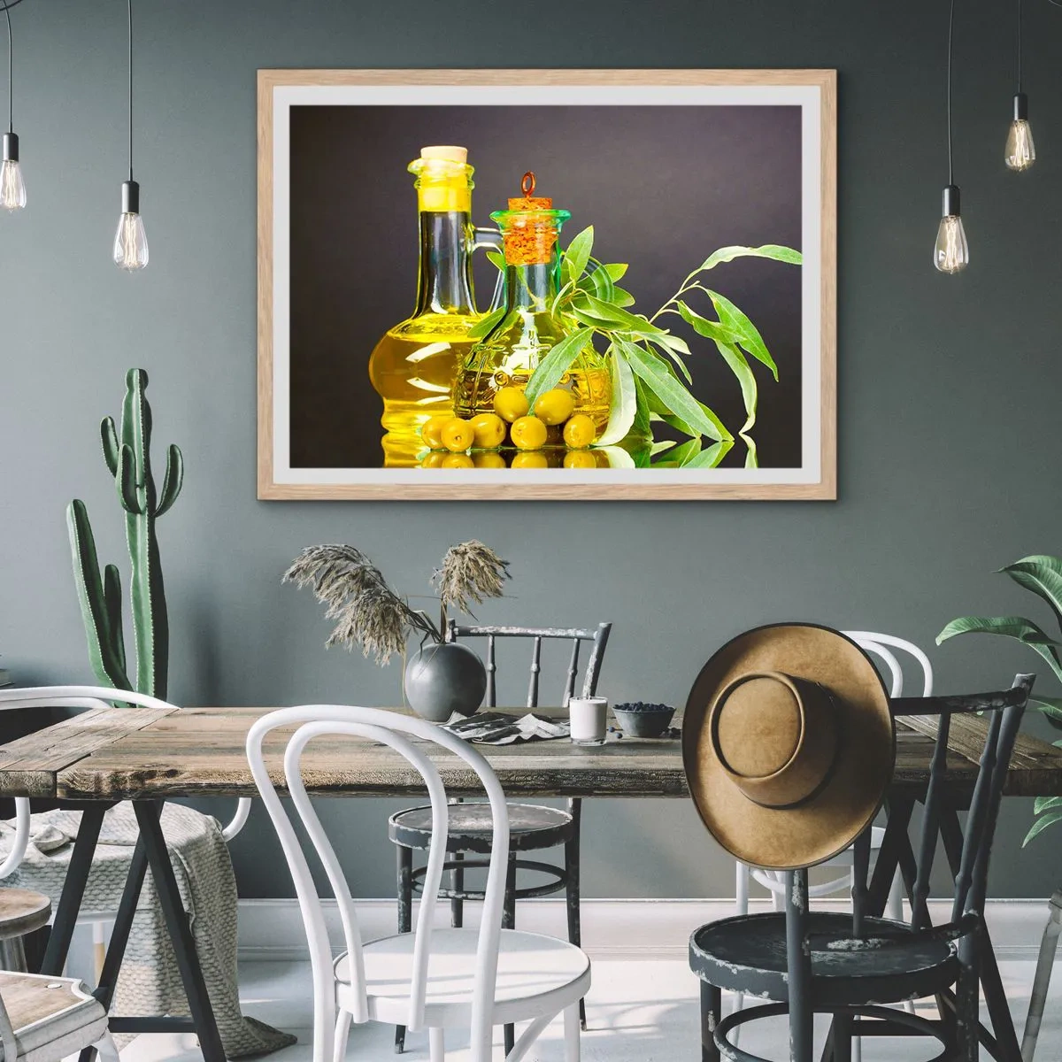 Poster în ramă de stejar deschis - Natură moarte cu măsline și ulei - 50x40 cm