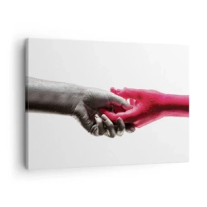 Tablou pe pânză Canvas - Mâini simbolice în argintiu și roșu - 70x50cm - Împreună, deși diferiți - Decorațiune modernă pentru perete pentru living și dormitor ARTTOR