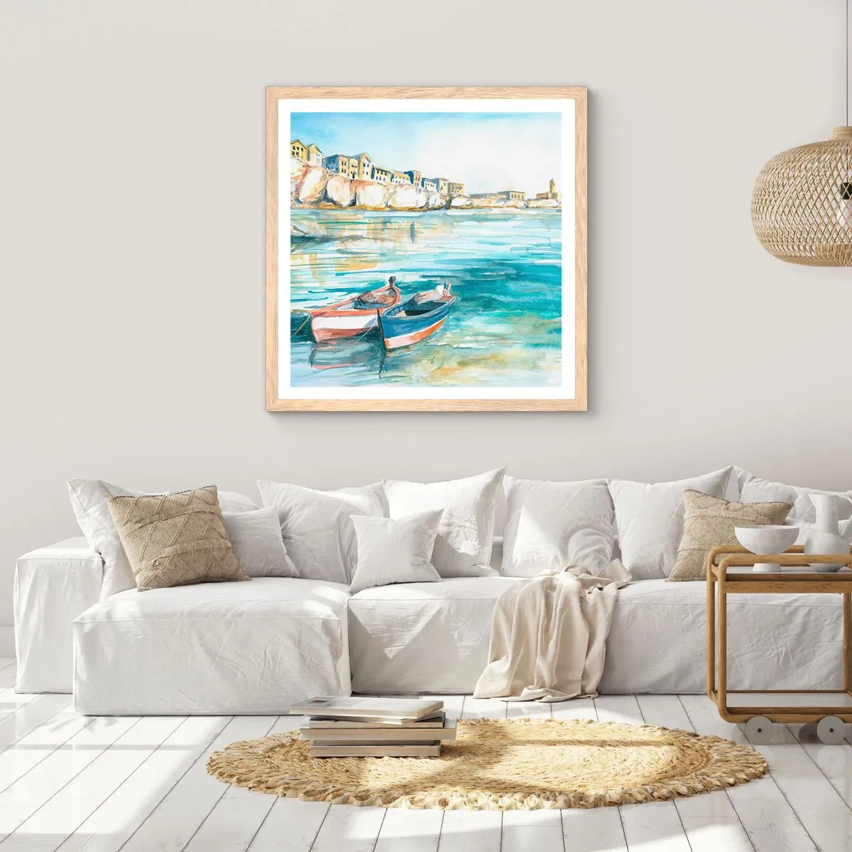 Poster în ramă de stejar deschis - Peisaj în azur - 60x60 cm