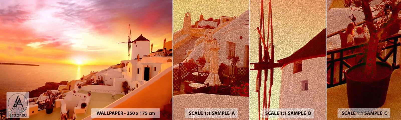 Mostră tapet Premium Sand - Dizolvându-se în alb și auriu - Peisaj, Santorini, Grecia - 100x30 cm