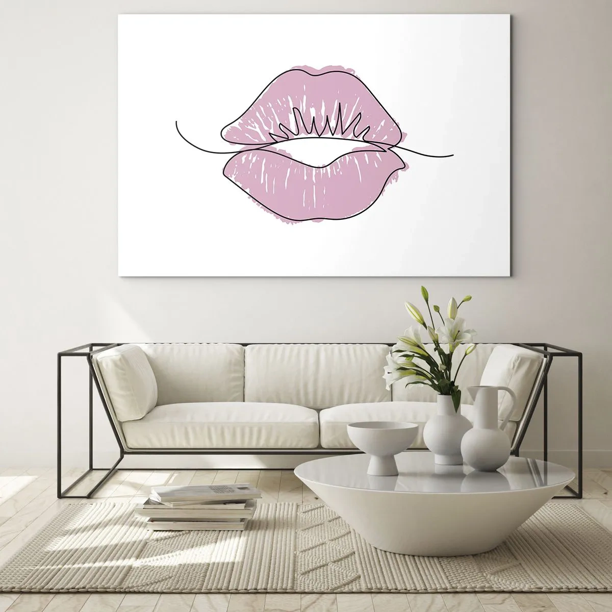 Tablou pe sticlă - Imagine abstractă a buzelor în nuanțe de roz și negru - 70x50cm - Vrei un sărut? - Decorațiune modernă pentru perete pentru living și dormitor ARTTOR