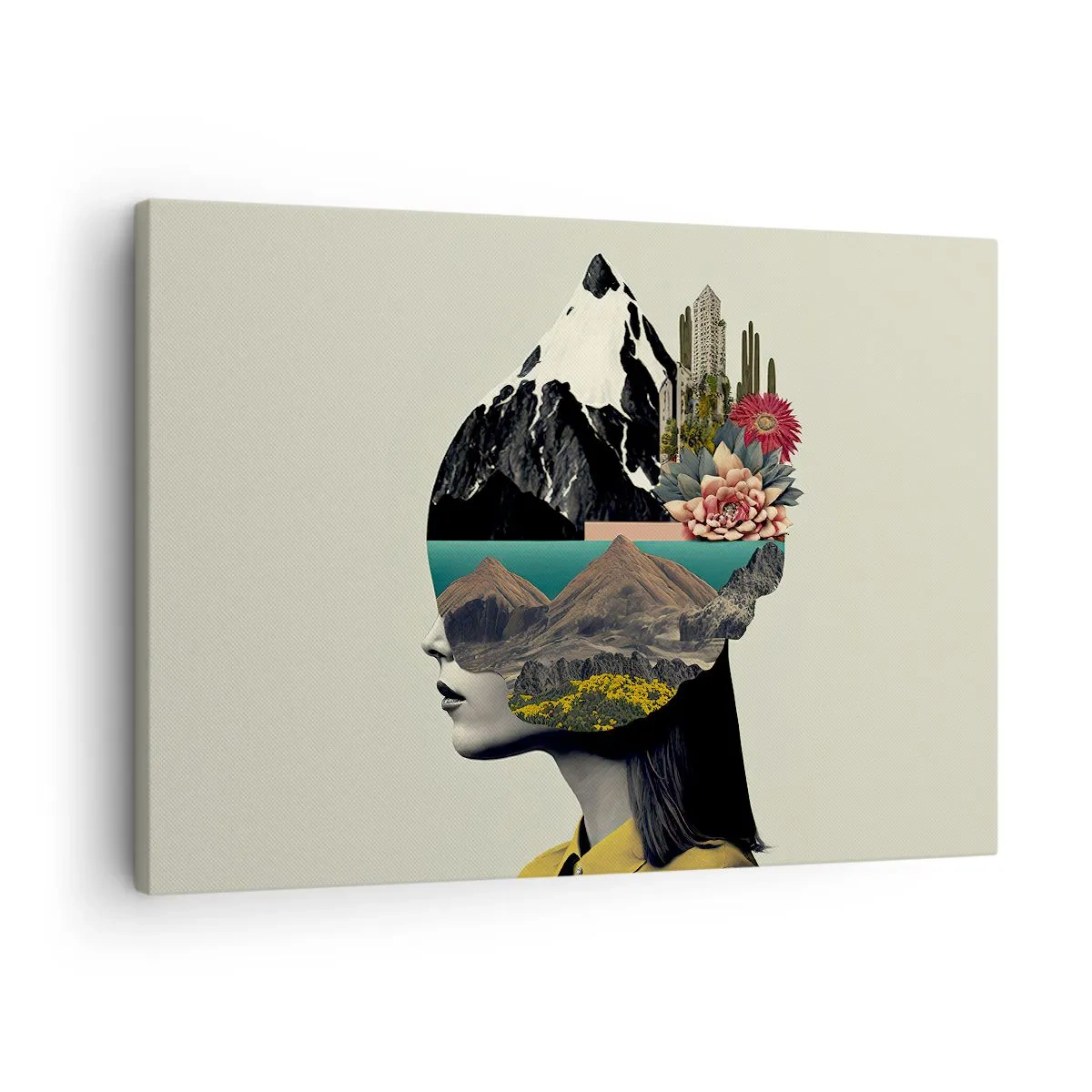 Tablou pe pânză Canvas - Colaj cu o femeie cu un peisaj montan și flori - 70x50cm - Femeia - întotdeauna un mister - Decorațiune modernă pentru perete pentru living și dormitor ARTTOR
