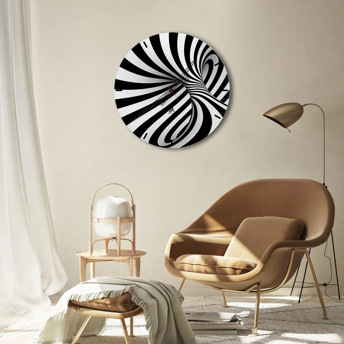 Ceas de perete - Ceas pe sticlă - Tunel optic abstract alb-negru - 30x30cm - Compoziție: spațiul dansator - Decorațiune modernă pentru perete pentru living, bucătărie și dormitor ARTTOR