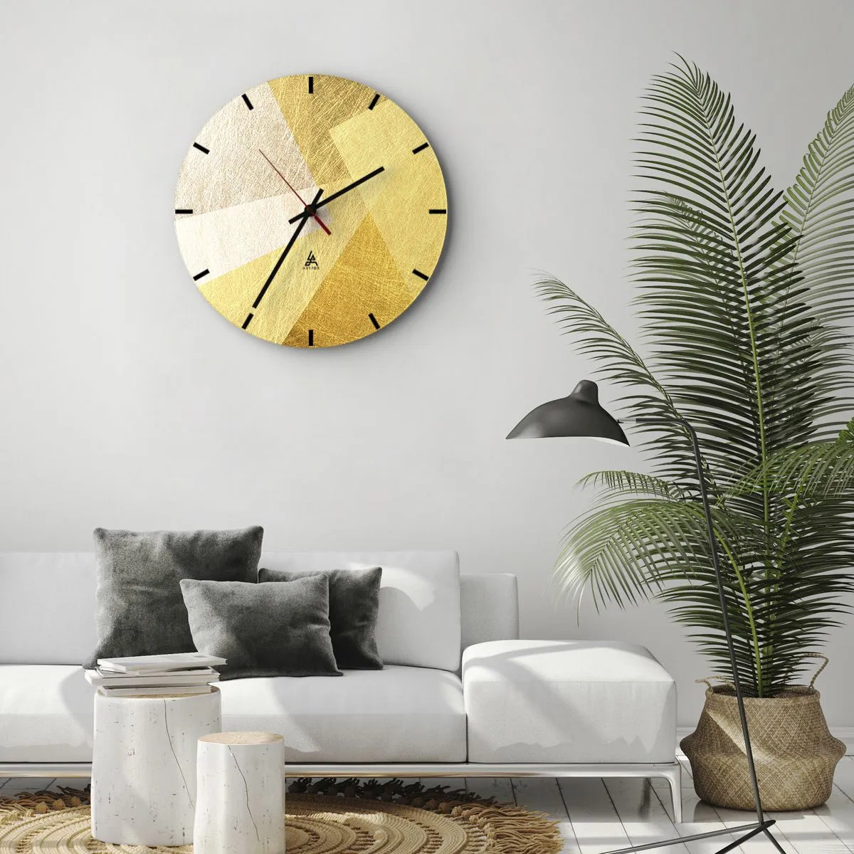 Ceas de perete - Ceas pe sticlă - Forme geometrice aurii într-o compoziție modernă - 30x30cm - Vremea de geometrie - Decorațiune modernă pentru perete pentru living, bucătărie și dormitor ARTTOR