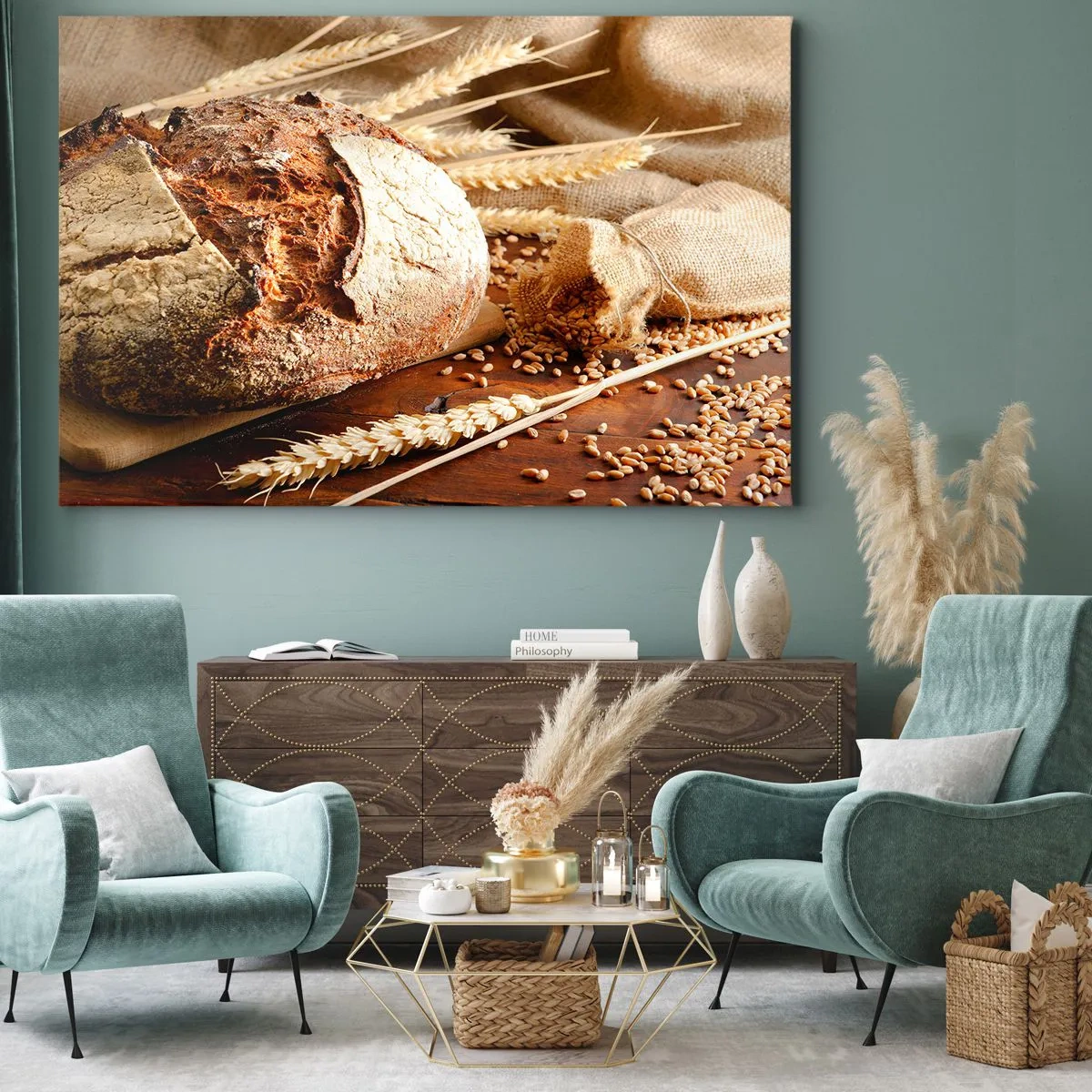 Tablou pe pânză Canvas - Pâine crocantă cu boabe și spice de grâu pe un fundal de lemn - 70x50cm - Apetisantă, parfumată, crocantă - Decorațiune modernă pentru perete pentru living și dormitor ARTTOR