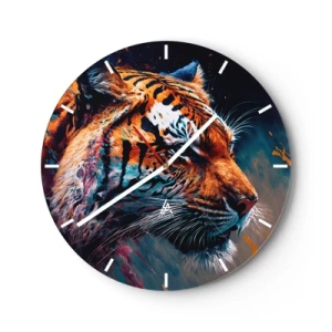 Ceas de perete - Ceas pe sticlă - Portretul unui tigru în culori intense cu accente picturale - 30x30cm - Frumusețe sălbatică - Decorațiune modernă pentru perete pentru living, bucătărie și dormitor ARTTOR