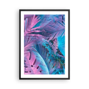 Poster în ramă neagră - Frunze tropicale colorate în nuanțe neon de roz și albastru - 50x70cm - Palmieri în alb și albastru - Decorațiune modernă pentru perete pentru living și dormitor ARTTOR