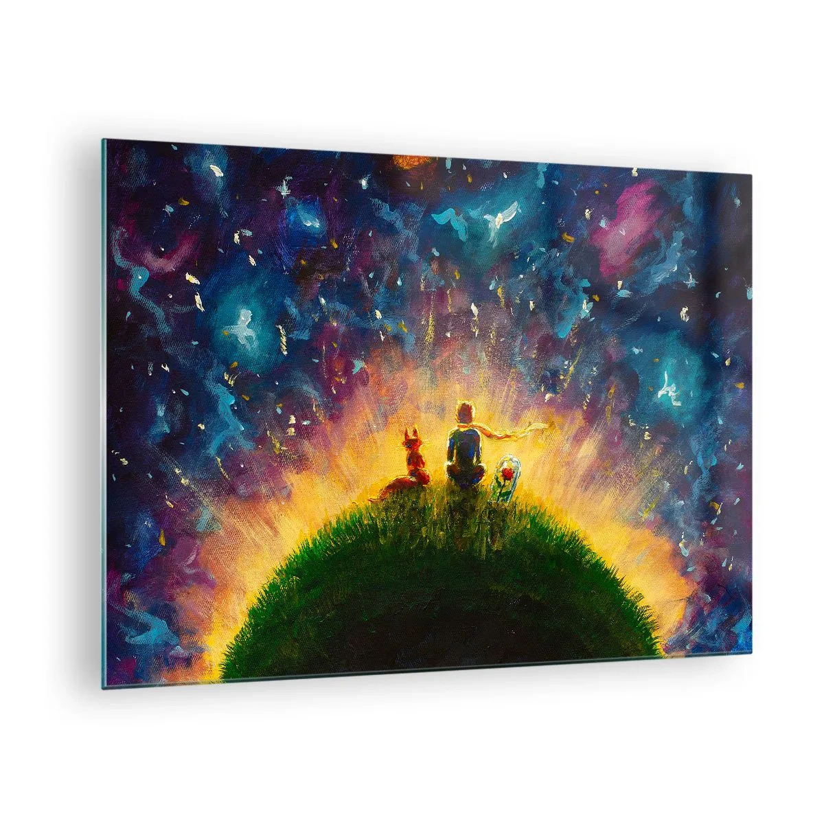 Tablou pe sticlă - O figură cu o vulpe pe o planetă sub un cer înstelat - 70x50cm - Dragoste și prietenie - întreaga lume - Decorațiune modernă pentru perete pentru living și dormitor ARTTOR
