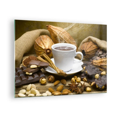 Tablou pe sticlă - O ceașcă de ciocolată caldă înconjurată de ciocolată și condimente - 70x50cm - Pentru amatorii de senzații tari - Decorațiune modernă pentru perete pentru living și dormitor ARTTOR