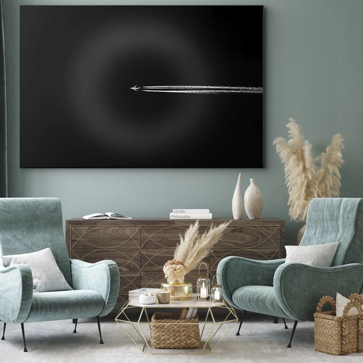 Tablou pe pânză Canvas - Un avion cu reacție cu o dâră de condensare vizibilă pe un fundal negru - 70x50cm - Într-o altă dimensiune - Decorațiune modernă pentru perete pentru living și dormitor ARTTOR