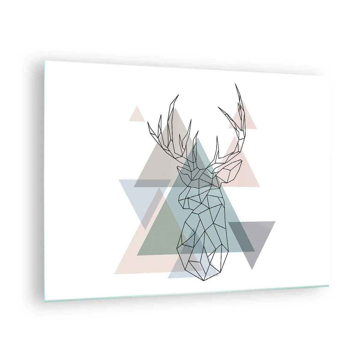 Tablou pe sticlă - Desen geometric al unui cerb pe un fundal de triunghiuri pastelate - 70x50cm - Într-o pădure geometrică - Decorațiune modernă pentru perete pentru living și dormitor ARTTOR