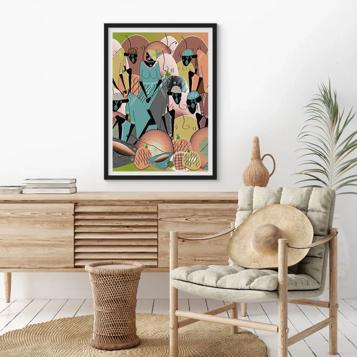 Poster în ramă neagră - O compoziție stilizată de figuri africane cu fructe în culori pastelate. - 50x70cm - Sărbătoarea cea mare se apropie - Decorațiune modernă pentru perete pentru living și dormitor ARTTOR