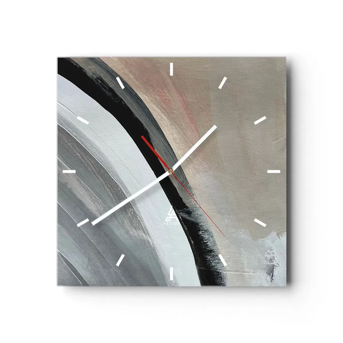 Ceas de perete - Ceas pe sticlă - Compoziție: arc de negru și gri - 40x40 cm