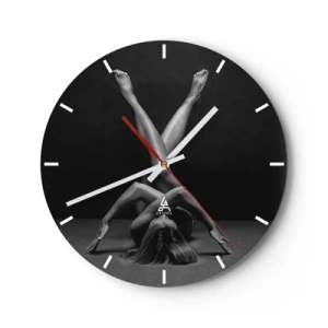 Ceas de perete - Ceas pe sticlă - Siluetă artistică a unei femei într-o poză dinamică pe un fundal negru - 30x30cm - Geometria nudității - Decorațiune modernă pentru perete pentru living, bucătărie și dormitor ARTTOR