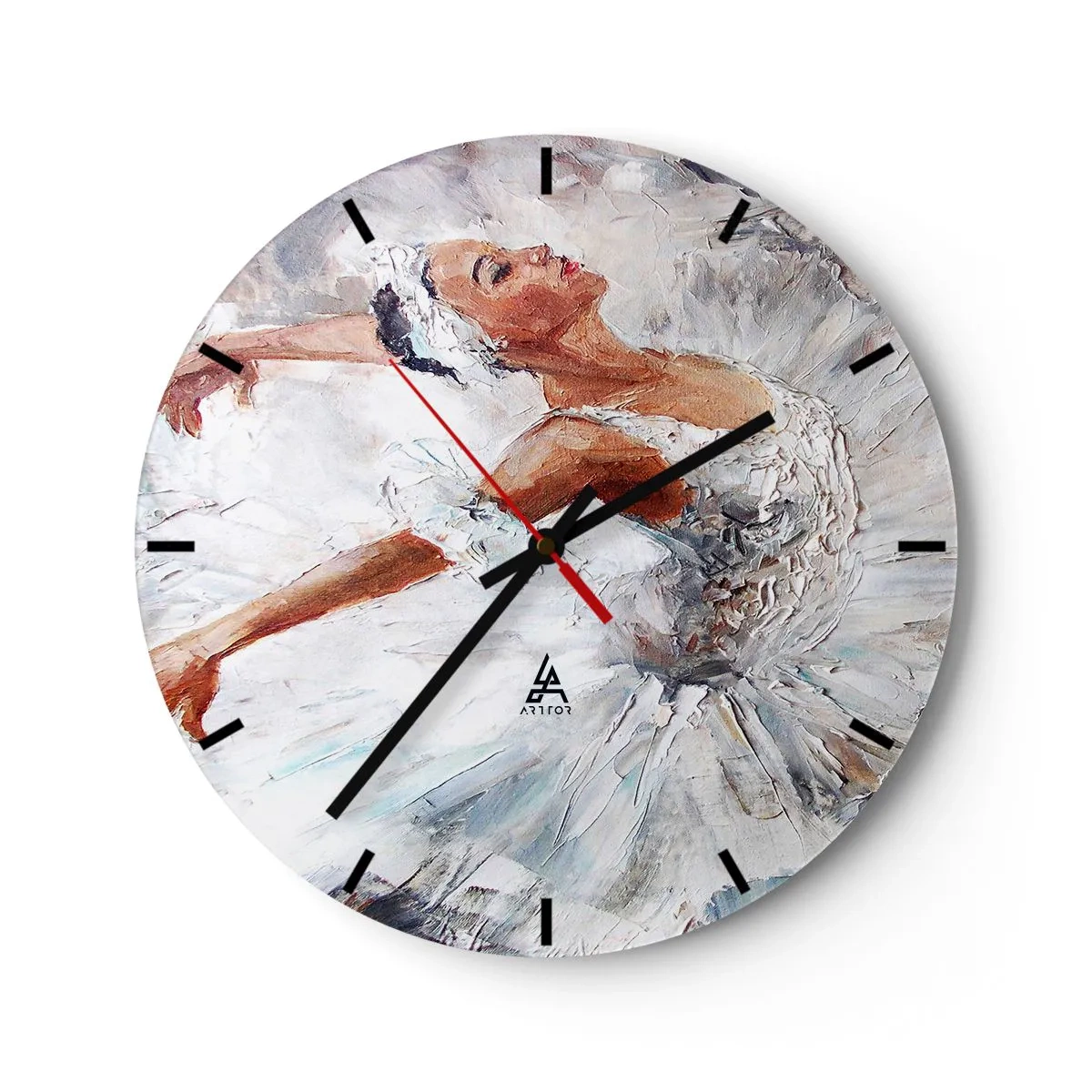 Ceas de perete - Ceas pe sticlă - O balerină într-o rochie albă în stil impresionist - 30x30cm - Moale și ușoară ca tulul - Decorațiune modernă pentru perete pentru living, bucătărie și dormitor ARTTOR