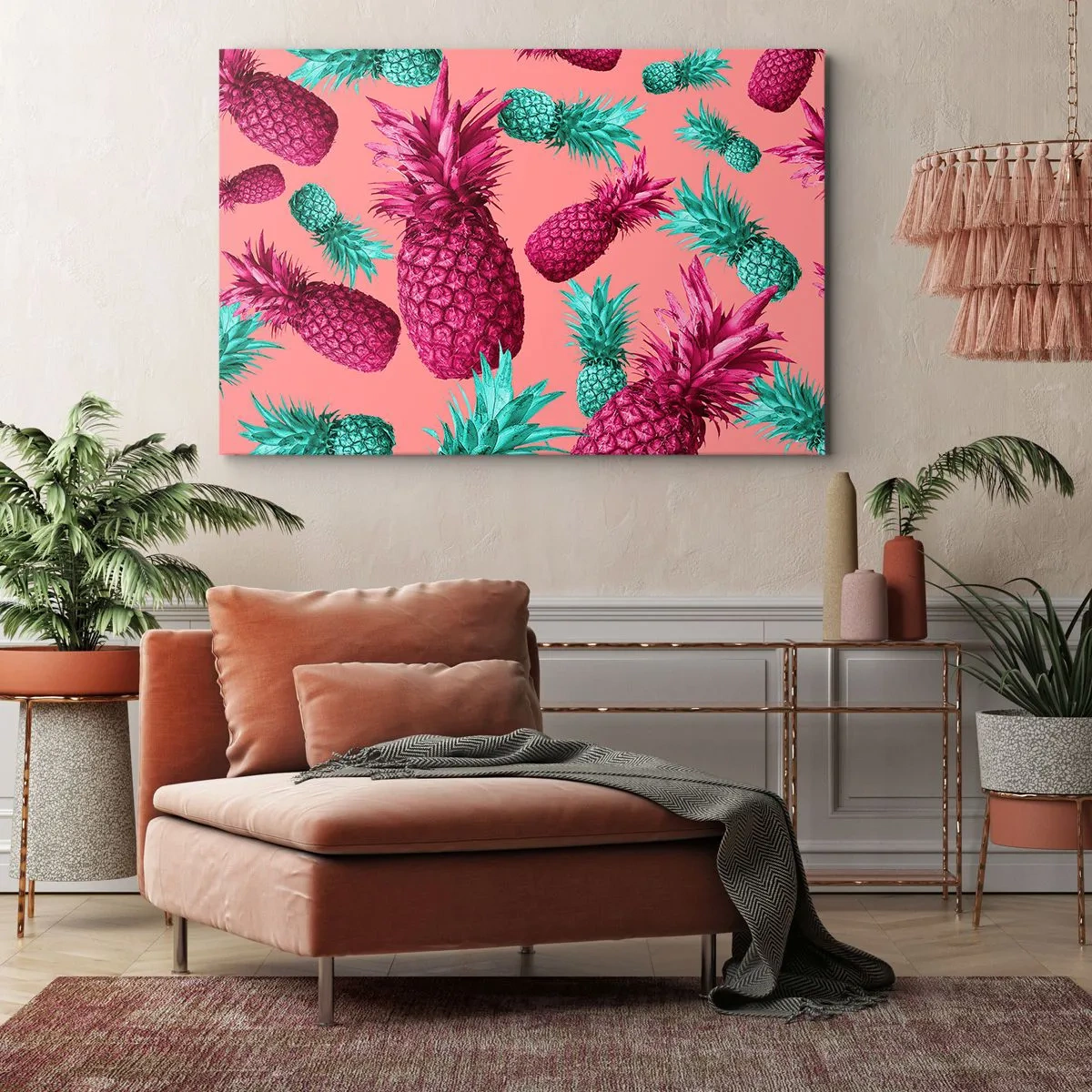 Tablou pe pânză Canvas - Ananas exotic în culori roz și turcoaz - 70x50cm - Libertatea e dulce - Decorațiune modernă pentru perete pentru living și dormitor ARTTOR