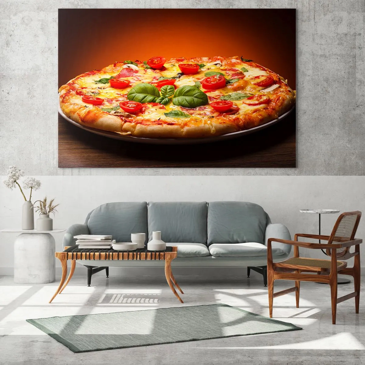 Tablou pe sticlă - Pizza cu roșii, busuioc și brânză topită - 70x50cm - Mamma mia! - Decorațiune modernă pentru perete pentru living și dormitor ARTTOR