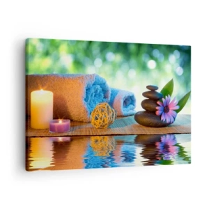 Tablou pe pânză Canvas - Set SPA relaxant cu prosoape, lumânări și pietre - 70x50cm - Timp pentru corp - Decorațiune modernă pentru perete pentru living și dormitor ARTTOR