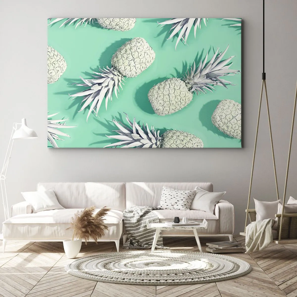 Tablou pe pânză Canvas - Ananas alb pe fundal pastelat în stil minimalist - 70x50cm - Merge bine cu mentă - Decorațiune modernă pentru perete pentru living și dormitor ARTTOR