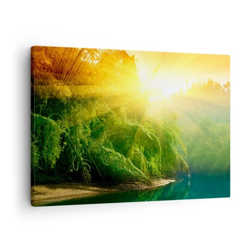 Tablou pe pânză Canvas - O pădure verde lângă râu, luminată de razele soarelui care răsare - 70x50cm - Scufundare în soare și umbră - Decorațiune modernă pentru perete pentru living și dormitor ARTTOR