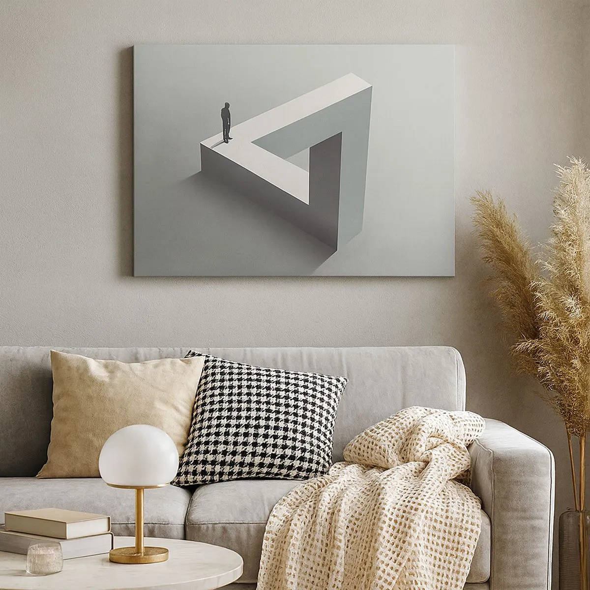 Tablou pe pânză Canvas - O figură stând pe un triunghi Penrose în nuanțe de gri. - 70x50cm - Și totuși este posibil - Decorațiune modernă pentru perete pentru living și dormitor ARTTOR