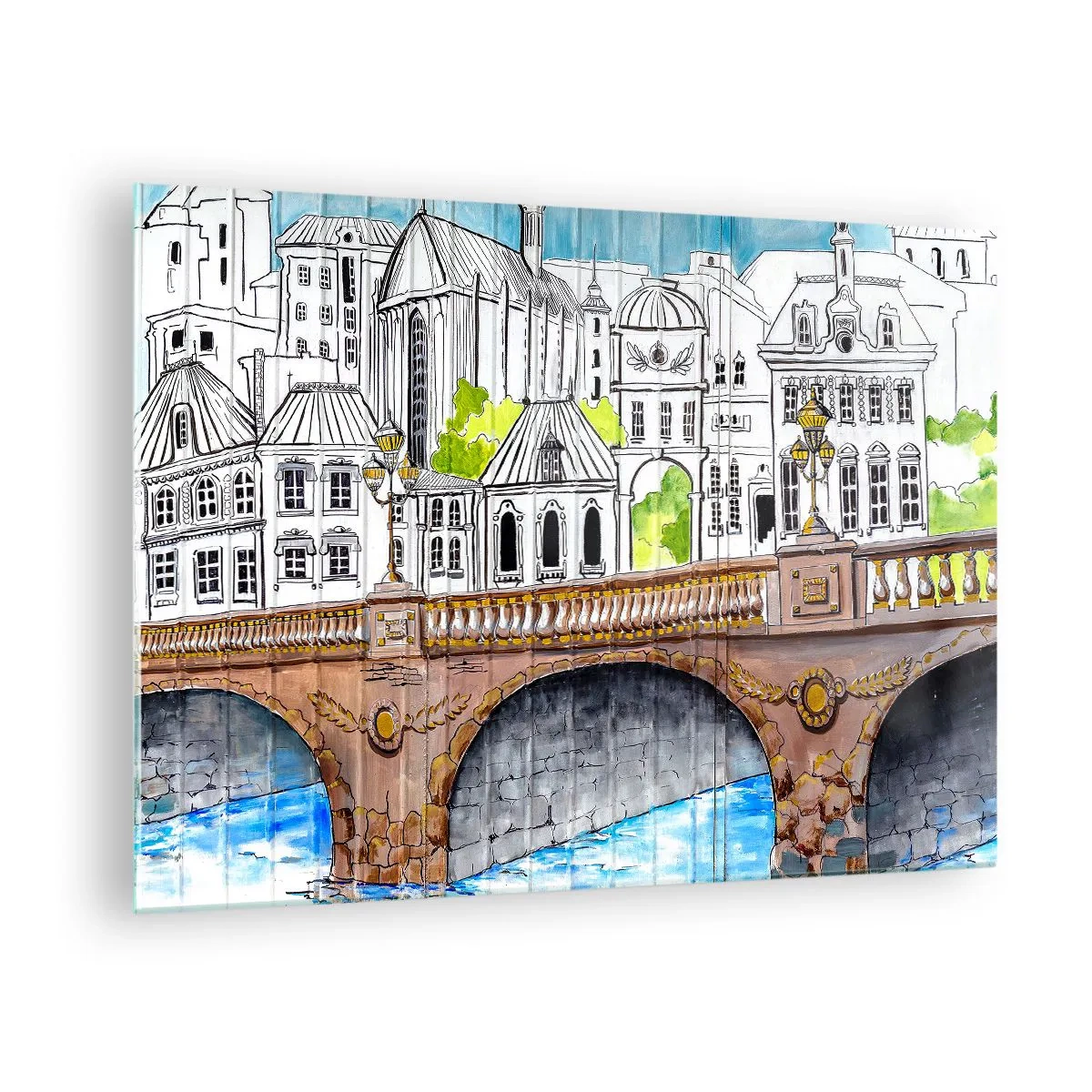 Tablou pe sticlă - Podul și arhitectura urbană sub forma unei schițe în acuarelă - 70x50cm - Orașul frumos ca o pictură - Decorațiune modernă pentru perete pentru living și dormitor ARTTOR