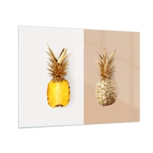 Tablou pe sticlă - Un ananas feliat și auriu pe două fundaluri contrastante - 70x50cm - Ananas de împărțit - Decorațiune modernă pentru perete pentru living și dormitor ARTTOR