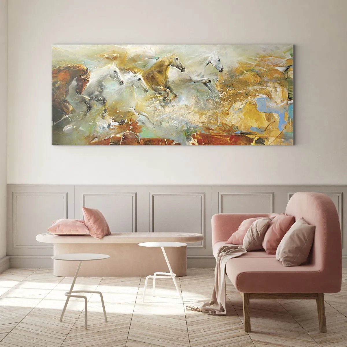 Tablou pe sticlă - Galopând prin lumină - 90x30 cm