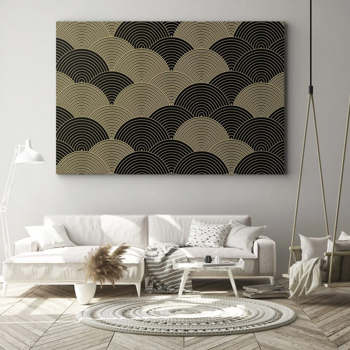 Tablou pe pânză Canvas - Model Art Deco cu semicercuri și linii aurii - 70x50cm - Unitate în multiplicitate - Decorațiune modernă pentru perete pentru living și dormitor ARTTOR