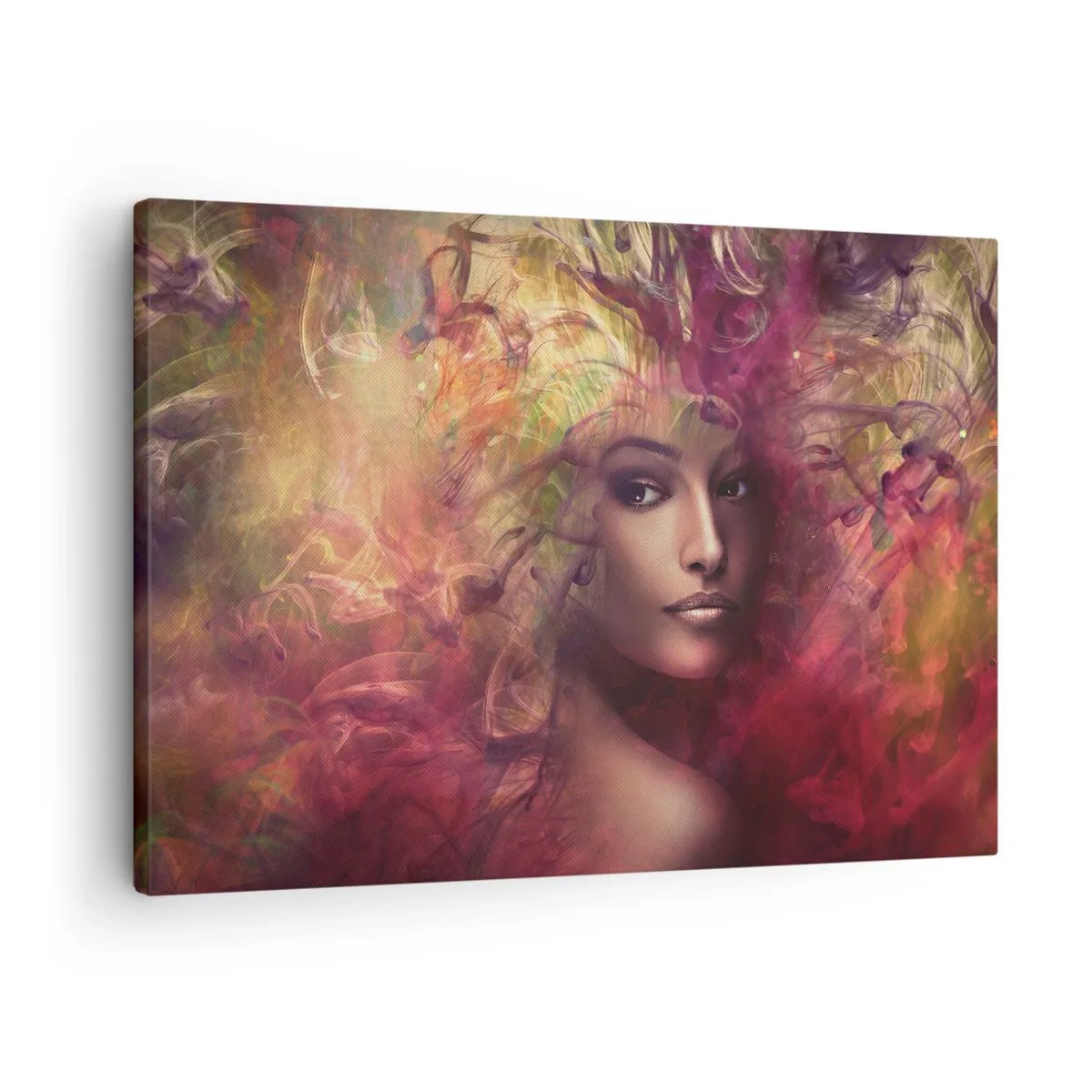 Tablou pe pânză Canvas - O femeie în culori abstracte creând un fundal dinamic - 70x50cm - Iată-mă! - Decorațiune modernă pentru perete pentru living și dormitor ARTTOR