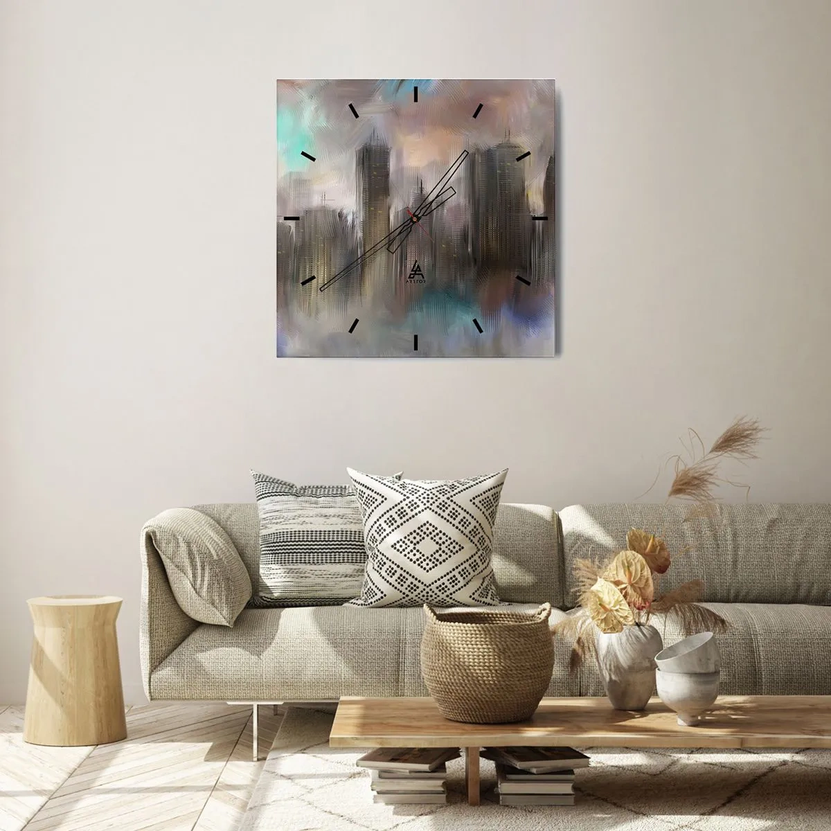 Ceas de perete - Ceas pe sticlă - O compoziție de oțel, piatră și ceață - 40x40 cm