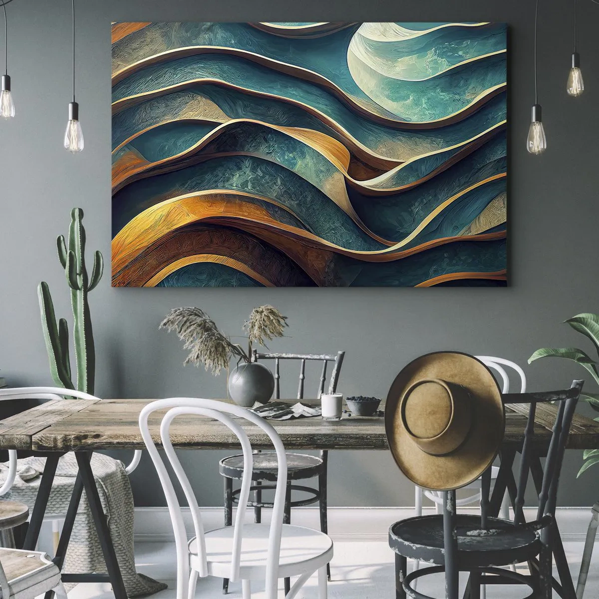 Tablou pe pânză Canvas - Valuri abstracte în nuanțe de turcoaz și auriu - 70x50cm - Meandre de albastru - Decorațiune modernă pentru perete pentru living și dormitor ARTTOR