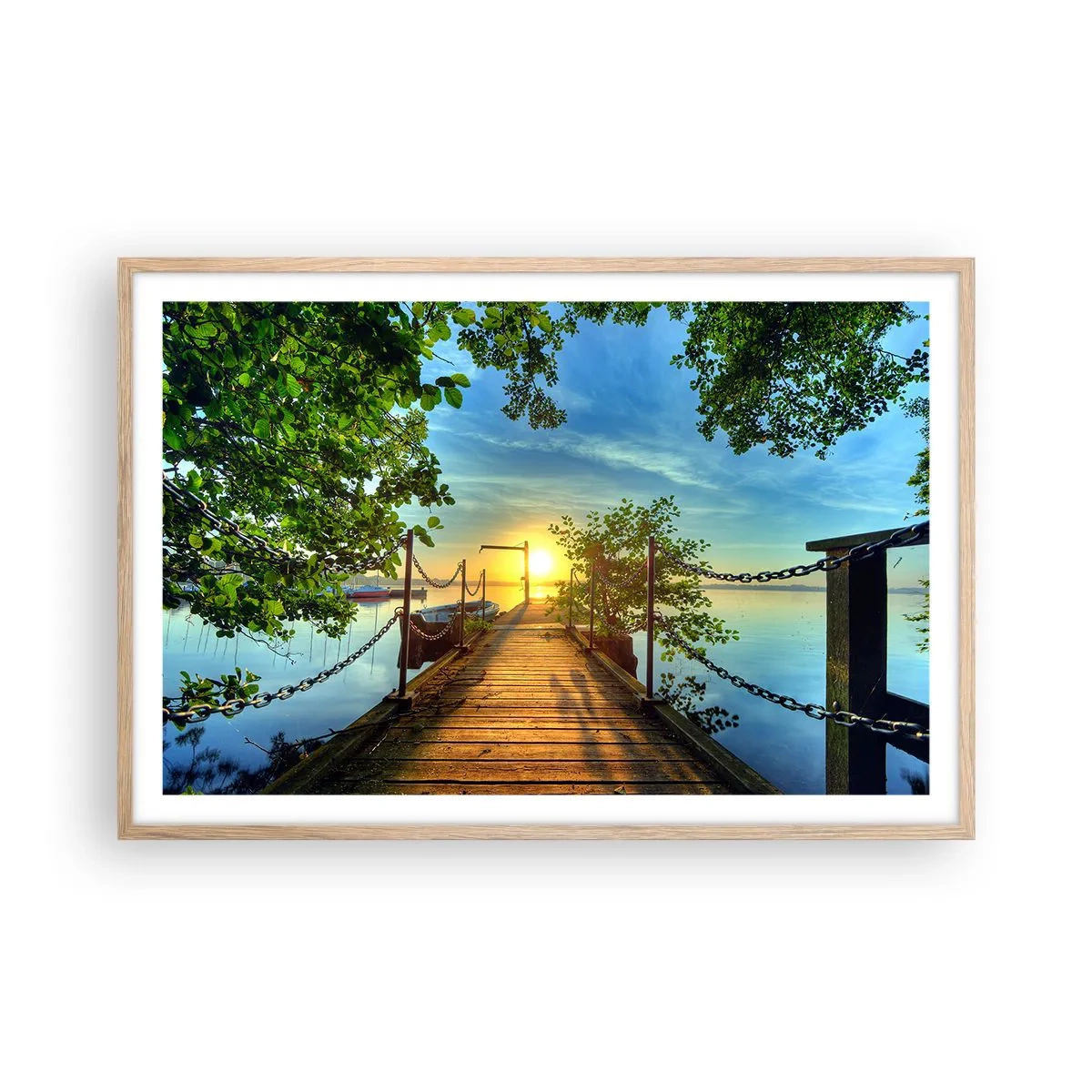 Poster în ramă de stejar deschis - Apusul la malul apei - 91x61 cm
